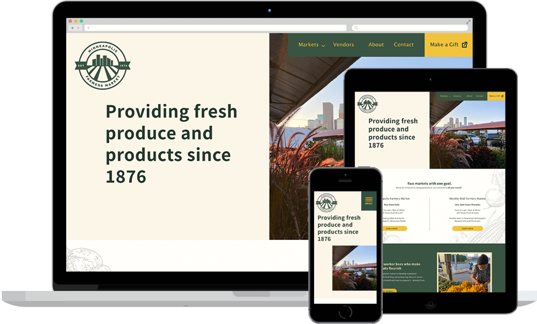 Minneapolis Farmers Market website screenshot on desktop, tablet, and mobile