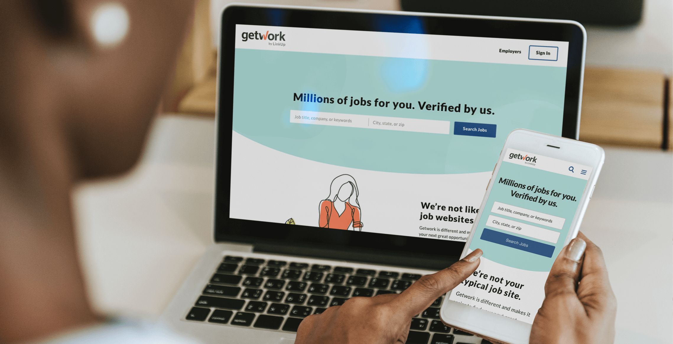 Person searching for jobs viewing the Getwork homepage on desktop and mobile
