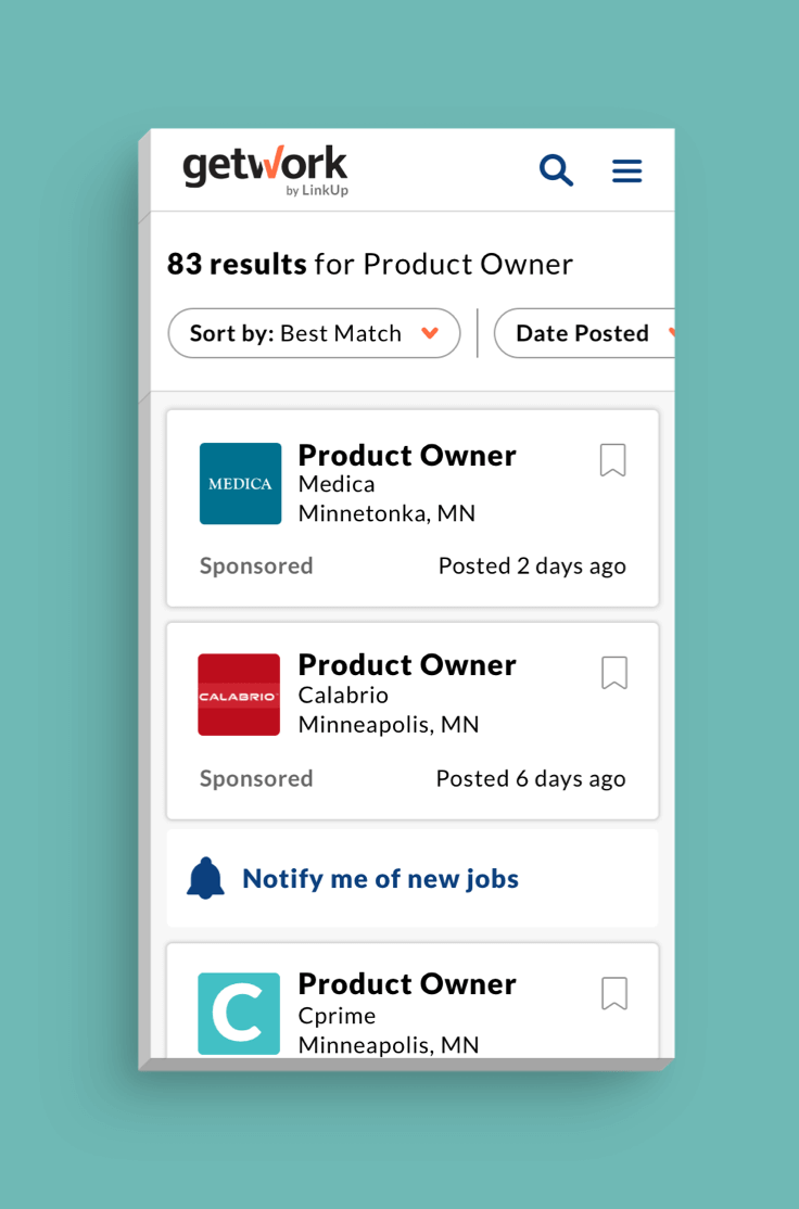 GetWork mobile website job search results page