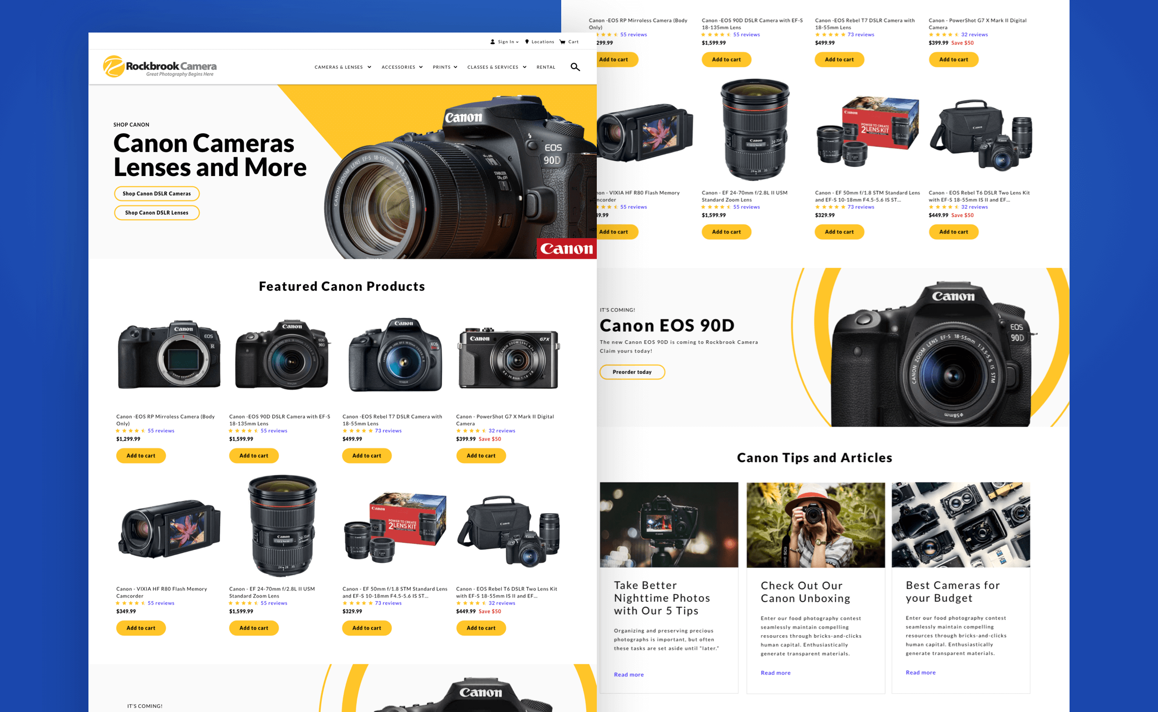 Rockbrook Camera website screenshot of homepage products